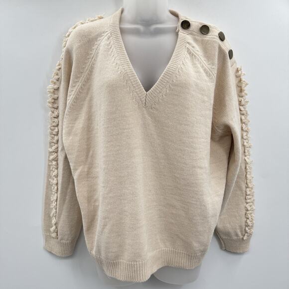 ottod'Ame Wool Blend Fringe Detail Sweater Sz 8 Beige Relaxed Boho Quiet Luxury - Picture 1 of 12
